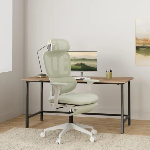 Miniatura 2 de Silla de oficina ergonómica de malla con reposapiés retráctil, silla de computadora con respaldo alto, soporte lumbar, reposabrazos y reposacabezas