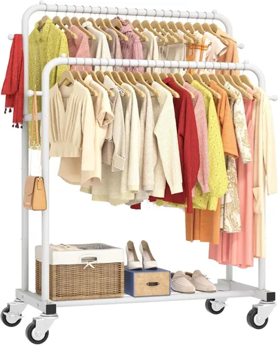 Laiensia - Perchero de doble varilla con ruedas, estante para colgar ropa, con 4 ganchos, estante multifuncional para ropa de dormitorio, color
