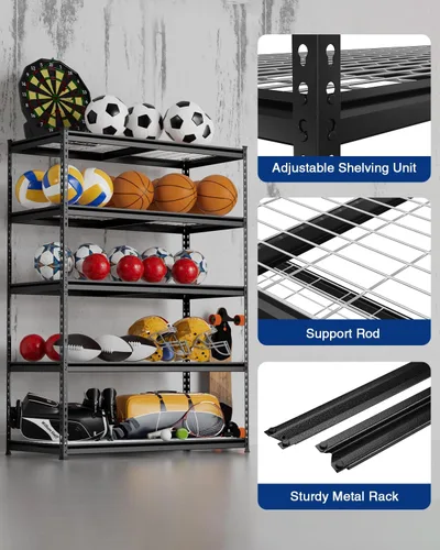 Miniatura 7 de WORKPRO Estantería de metal resistente de 5 niveles, 72 pulgadas de alto x 48 pulgadas de ancho x 24 pulgadas de profundidad, estante de Negro
