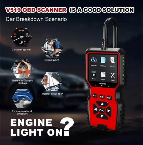 Miniatura 8 de V519 OBD2 Herramienta de diagnóstico escáner – Vechicle Check Motor Lector de código de luz con probador de voltaje de batería, preparación I/M, Rojo