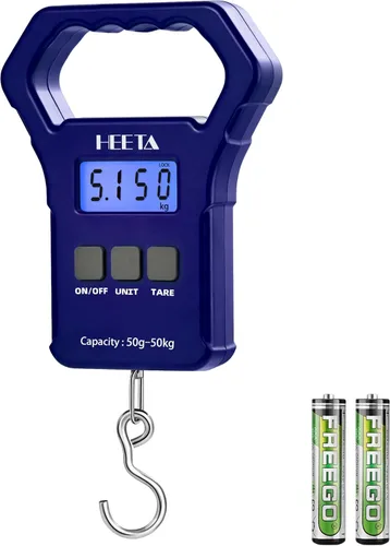 HEETA Báscula de pescado, báscula digital portátil de pesca colgante de 110 libras / 110.2 lbs con pantalla LCD retroiluminada, báscula de equipaje