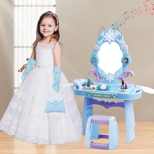 Miniatura 4 de deAO Juego de tocador de maquillaje para niños pequeños con espejo y silla, juego de tocador para niños con luz y música, juguete de maquillaje