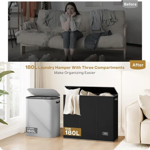 Miniatura 6 de SOLEDI Cesta de ropa sucia de 180L de 3 secciones, cesta de ropa sucia extra grande con tapa, cesta de ropa sucia con asa resistente, organizador