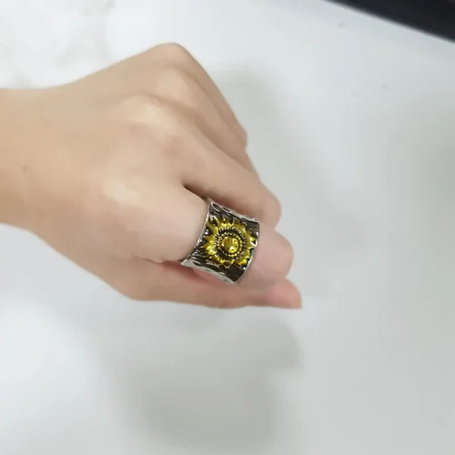 Miniatura 4 de Anillo de girasol vintage para mujeres y hombres, anillo giratorio de margaritas y girasoles, estilo bohemio, ancho y grueso, anillo de esperanza