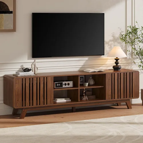 Miniatura 12 de ONBRILL Soporte de TV de 63 pulgadas para televisores de hasta 75 pulgadas, soporte de televisión moderno de mediados de siglo con toma