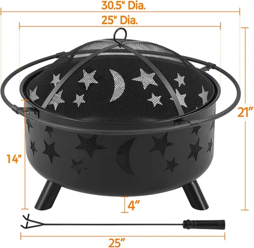 Miniatura 4 de Yaheetech Hoguera de 30 pulgadas para chimenea exterior de leña al aire libre con pantalla de chispas, póquer para hoguera, patio, jardín, picnic