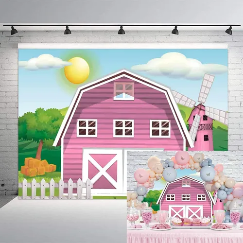 Fondo rosa de granero de granja de 5 x 3 pies, dibujos animados, animales de granja, fiesta, fotografía, fondo rosa, granero, hierba verde, fondo