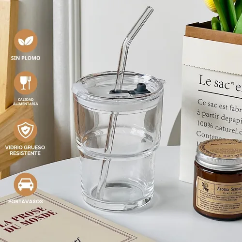 Miniatura 6 de Olvini Vaso de vidrio de 13 onzas con popote y tapa, vaso reutilizable para café helado, bonitas tazas de vidrio para agua, matcha, tazas de café