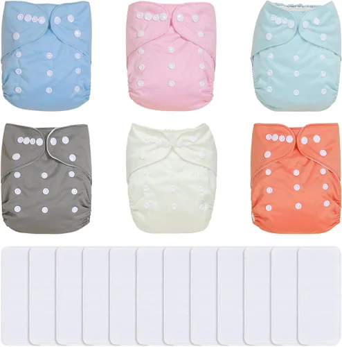 Miniatura 23 de TDIAPERS Pañales de tela reutilizables, lavables, de bolsillo, talla única, ajustable para pañales de tela a presión, paquete de 6 con 6 insertos
