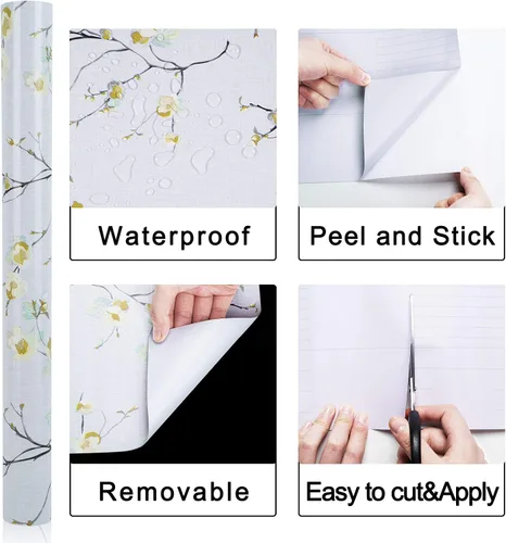 Miniatura 6 de WENMER Papel tapiz floral beige para despegar y pegar, 17.71 x 197 pulgadas, moderno papel tapiz floral extraíble para dormitorio, gabinetes