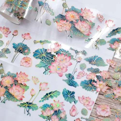 Cinta washi de rosa para collage original de flores, creatividad, hecha a mano, para libro de diario, material PET con efecto láser (90395)