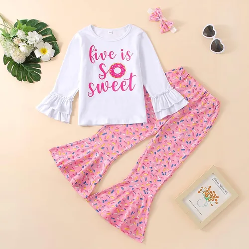Miniatura 43 de Conjunto de ropa de cumpleaños para bebé niña pequeña, camiseta de manga larga, pantalones de campana, diadema