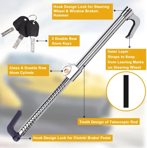 Miniatura 5 de Tevlaphee Cerradura Universal de Freno para Volante Antirrobo Retráctil de Doble Gancho Cerradura de Pedal de Embrague para Coche Camión SUV