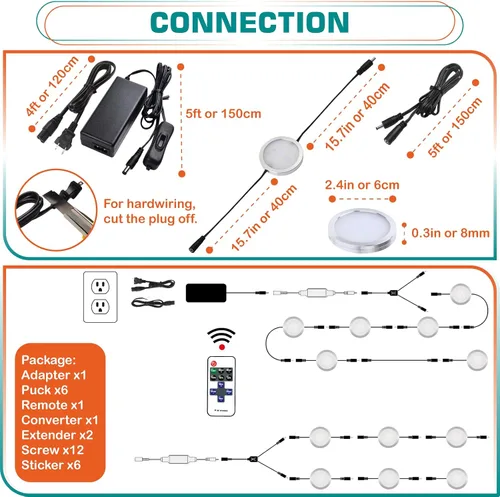 Miniatura 2 de Kit de luz debajo del armario de cocina, iluminación trasera contra salpicaduras, 110 V enchufado y cableado, control remoto RF regulable, blanco