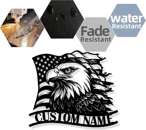 Miniatura 6 de Letrero de metal personalizado de águila y bandera estadounidense, arte de pared patriótico con nombre personalizado, decoración de hierro