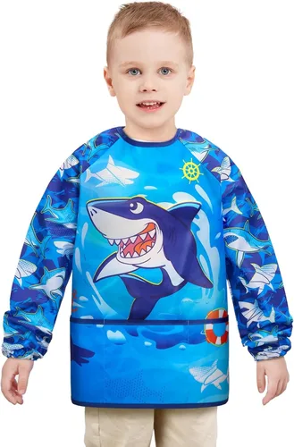 Miniatura 14 de WERNNSAI Bata de arte para niños impermeable con manga larga y 3 bolsillos de pintura Dinosaurio B001