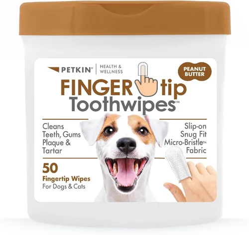 Petkin Toallitas dentales para perros y gatos, 50 toallitas para dedos, sin cordones, ajuste cómodo, tela de microcerdas, limpia dientes, encías,