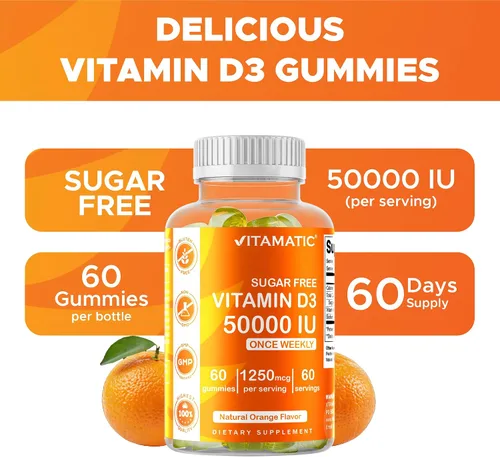 Miniatura 4 de Vitamatic Suplemento semanal de vitamina D3 sin azúcar de 50,000 UI - 60 gomitas a base de pectina Vitamina D de alta potencia para huesos, dientes