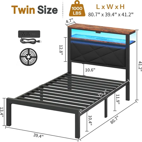 Miniatura 2 de ChicZhiNest Marco de cama individual con cabecero LED y estación de carga USB incorporada, cama de metal tapizada en lino con respaldo y estantes