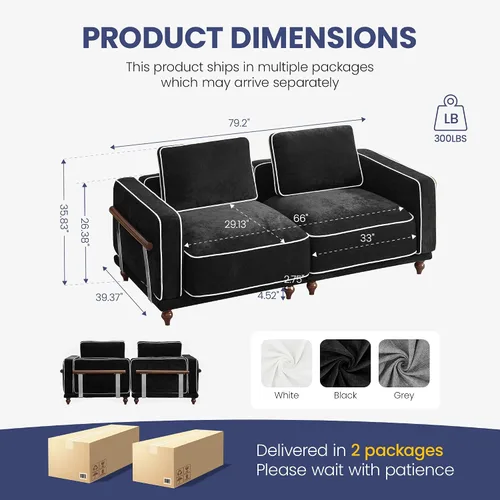 Miniatura 2 de Sofá biplaza modular de felpilla de 80 pulgadas, sofá pequeño color negro con fundas extraíbles lavables, cojines de espuma de alta resistencia
