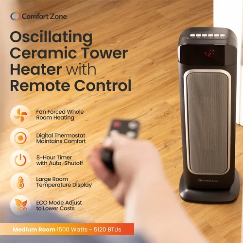 Miniatura 3 de Comfort Zone Calentador eléctrico de torre digital oscilante de 24 pulgadas con control remoto de función completa, termostato ajustable