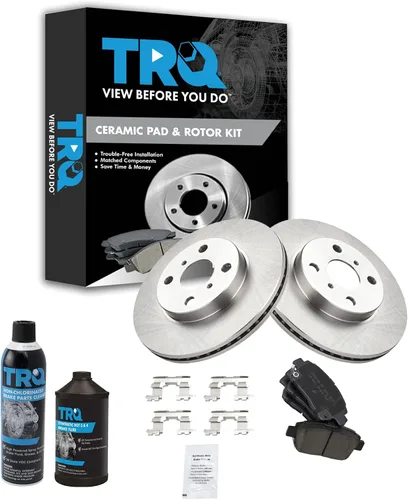 TRQ Rotor de freno de disco delantero y pastillas de freno de cerámica con líquido de frenos y kit de limpiador compatible con Scion xA 2004-2006 /