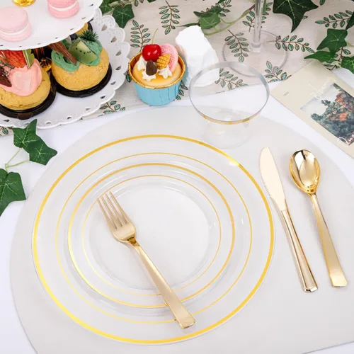 Miniatura 5 de DaYammi Juego de vajilla de plástico dorado transparente de 210 piezas para 30 invitados, platos desechables elegantes para fiestas, incluye: 30