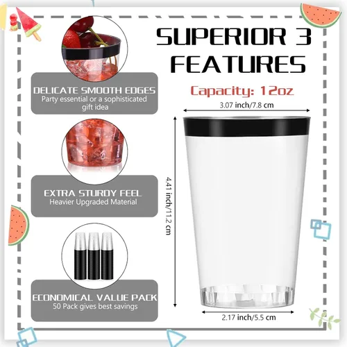 Miniatura 2 de Norme 50 vasos de plástico de 12 onzas desechables para fiesta con borde, vasos transparentes de plástico para vino, café, cumpleaños, boda, Negro