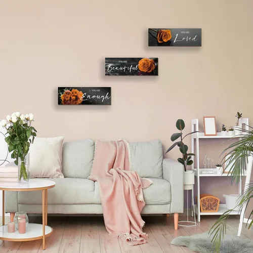 Miniatura 6 de ZINYAZHE 3 piezas de decoración de pared naranja inspiradoras rosas naranjas decoración de baño, arte de pared de madera, citas positivas You Are