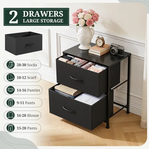 Miniatura 5 de Mesita de noche mejorada, pequeña mesa auxiliar de 2 cajones, muebles de noche, contenedores de tela superior de madera para dormitorio, armario
