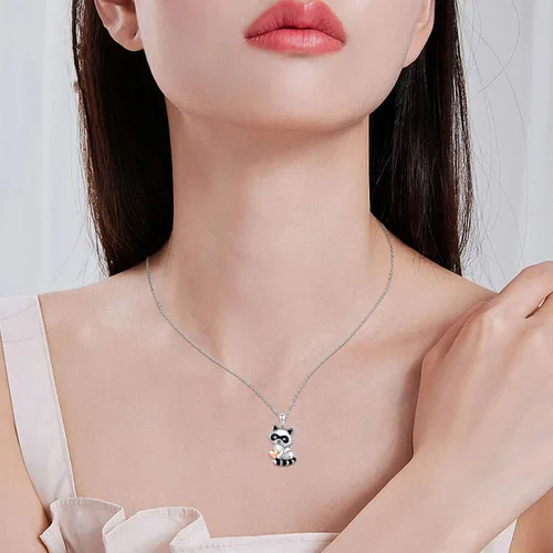 Miniatura 2 de CHENGHONG Collar con colgante de corazón de mapache abrazo de amor, lindo collar de mapache de plata de ley 925, collar de animal de mapache