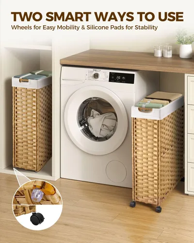 Miniatura 2 de Greenstell Cesta para la ropa sucia con ruedas, cesta de lavandería delgada de 17.4 galones (66L) con 2 bolsas extraíbles y 2 bolsas de malla, cesta