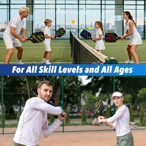 Miniatura 7 de Juego de 4 palas de pickleball de fibra de carbono de 0.63 pulgadas, ligeras, silenciosas, para interiores y exteriores, equipo de pickleball con 4
