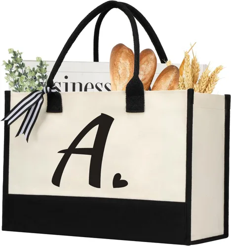 Miniatura 18 de shenee - Bolsa de lona con inicial, bolsa de yute personalizada para la playa, regalo de vacaciones para mujeres, cumpleaños de amigos, boda, año