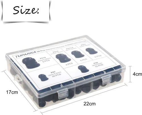 Miniatura 7 de TUPARKA Paquete de 50 conectores de cable impermeables ajustables de 3 a 0.630 in, PG7 PG9 PG11 PG13.5 PG16 PG19 de plástico con juntas en caja