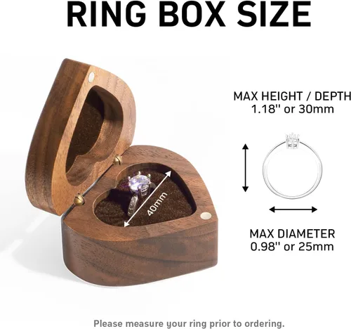 Miniatura 6 de Caja de anillo de compromiso delgada de madera en forma de corazón para propuesta, ceremonia de boda, regalo de cumpleaños