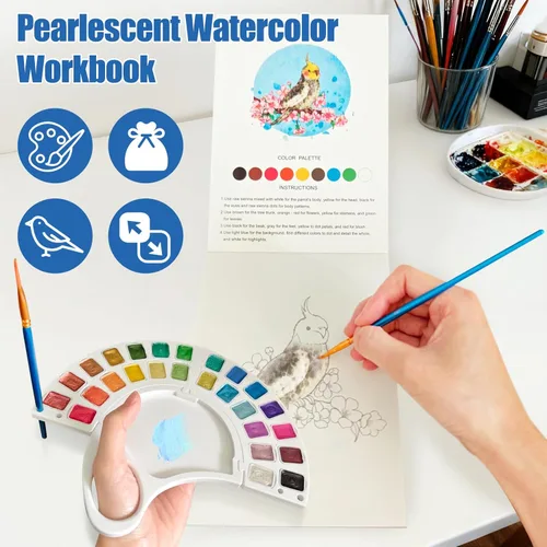 Miniatura 6 de Libro de trabajo de acuarela, libro para colorear con 13 páginas de papel de 300GSM, juego de pintura de acuarela de 26 colores con pincel y bolsa