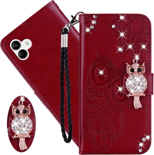 CCSmall Funda para Samsung Galaxy A04 con soporte para tarjeta de crédito, con purpurina y diamantes de imitación de piel sintética para Samsung Rojo