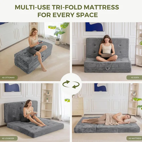 Miniatura 4 de MAXYOYO Colchón plegable con asas, colchón de piso de 6 pulgadas, sofá cama de triple pliegue, cama plegable de pelo sintético suave con relleno