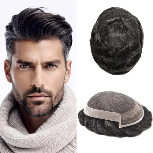 Toupee For Men Human Hair Swiss Lace Mens Hair System Hair Pieces For Men Bleached Knot Mens Toupee Hair Replacement System For Men 5X7 Medium light