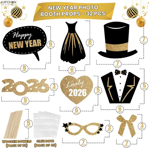 Miniatura 3 de KatchOn, Accesorios para cabina de fotos de Año Nuevo con purpurina 2026 – Paquete de 32 Accesorios de cabina de fotos de Nochevieja