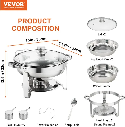 Miniatura 7 de VEVOR Juego de bufé de calentador de comida, 5 cuartos de galón, paquete de 4, de acero inoxidable con 4 bandejas de tamaño completo, servidor