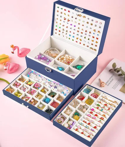 Miniatura 84 de Joyero de pendientes para mujeres y niñas, organizador de aretes de 5 capas, caja organizadora de joyas blanca con candado, collares y aretes