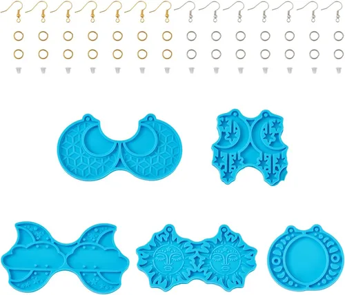 Miniatura 7 de Pandahall - 5 moldes de resina de silicona para aretes, luna creciente, luna, estrella, resina epoxi, joyería con ganchos para aretes y anillo