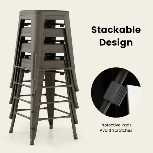Miniatura 5 de COSTWAY Juego de 4 taburetes de bar apilables de metal de 24 pulgadas con asiento cuadrado y agujero de mano, diseño reforzado en forma de X, cómodo
