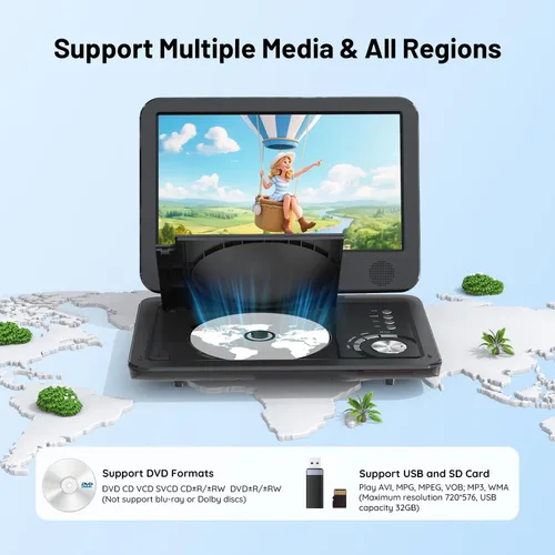 Miniatura 2 de ieGeek Reproductor de DVD portátil de 12.5", con pantalla giratoria HD de 10.5", reproductores de DVD para viajes en coche, batería recargable de 5