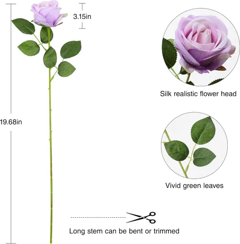 Miniatura 9 de Hawesome Rosas Falsas Flores Artificiales de Seda - 12 Piezas Rosas Moradas Artificiales Flores Falsas con Tallos para Hogar Boda Centro de Mesa