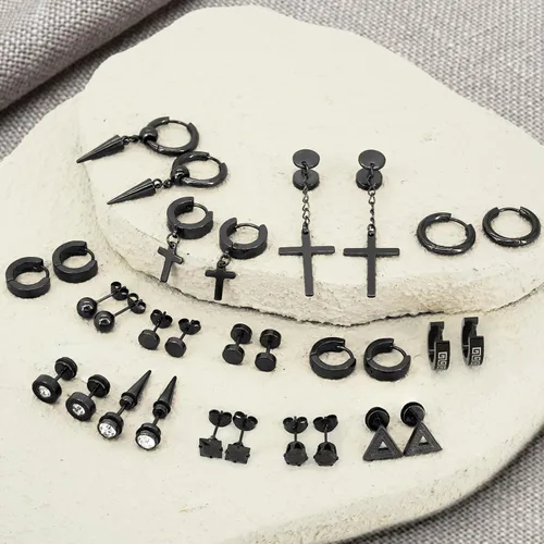Miniatura 6 de Juego de 15 pares de aretes para hombre, de acero inoxidable, hipoalergénicos, con cruz, aretes de aro colgantes de moda, joyería de regalo