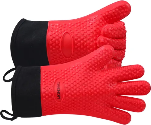 Miniatura 21 de GEEKHOM Guantes de Barbacoa Resistentes al Calor Manoplas de Horno - Guantes de Silicona para Parrilla con Protección de Brazo de 13.7" - Agarrador