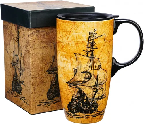 Miniatura 11 de DUSVALLY Taza de café alta de cerámica, juego de regalo de taza de café de amigos, taza de viaje con tapa para oficina y hogar, taza de porcelana